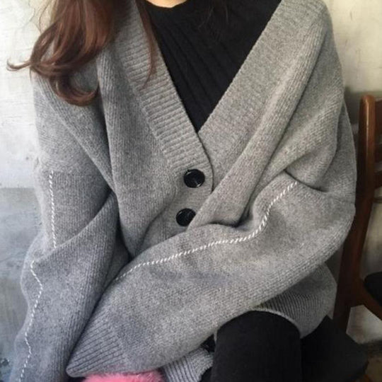 Damen lässige Strickjacke mit übergroßem Schnitt und großen Knöpfen R&B