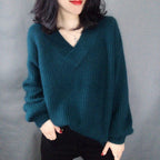 Damen Strickpullover mit V-Ausschnitt und voluminösen Ärmeln R&B