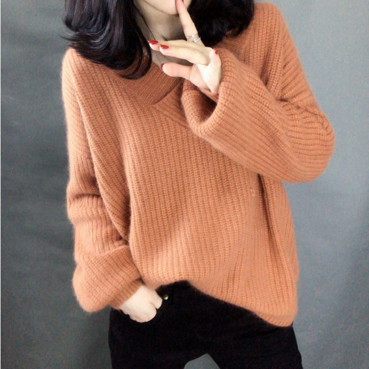 Damen Strickpullover mit V-Ausschnitt und voluminösen Ärmeln R&B