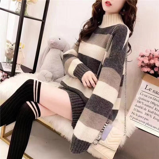 Damen Gemütlicher Strickpullover mit hohem Kragen und lässigem Schnitt R&B