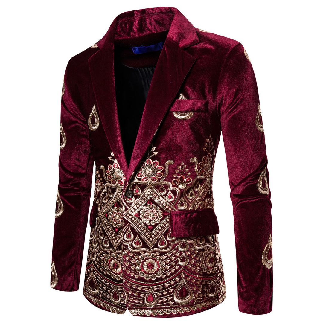Herren eleganter Samtblazer mit kunstvollem Stickdesign R&B