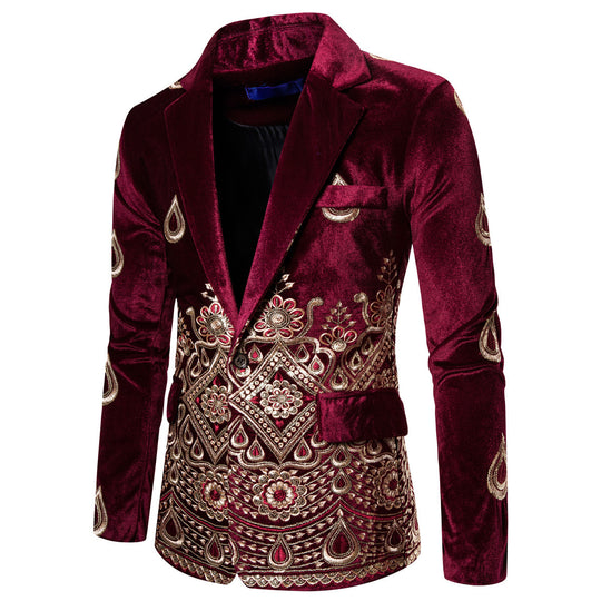 Herren eleganter Samtblazer mit kunstvollem Stickdesign R&B