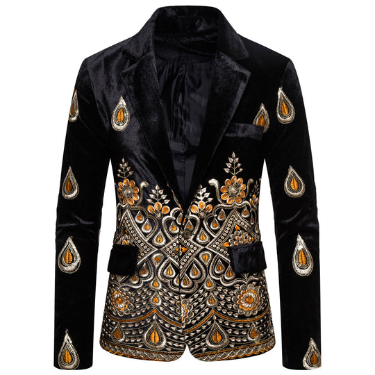 Herren eleganter Samtblazer mit kunstvollem Stickdesign R&B