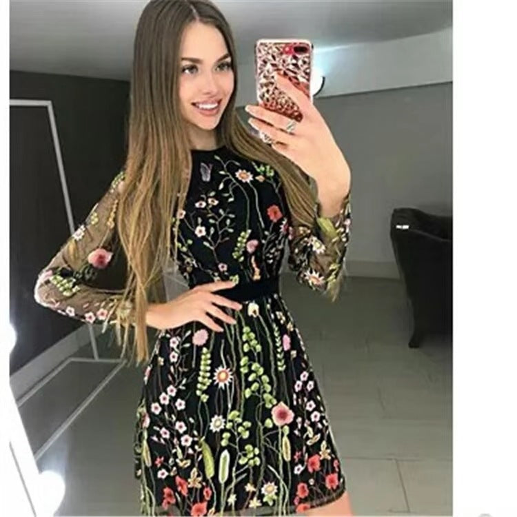 Damen Blumenmuster Kleid mit transparenten Ärmeln und Taillengürtel R&B