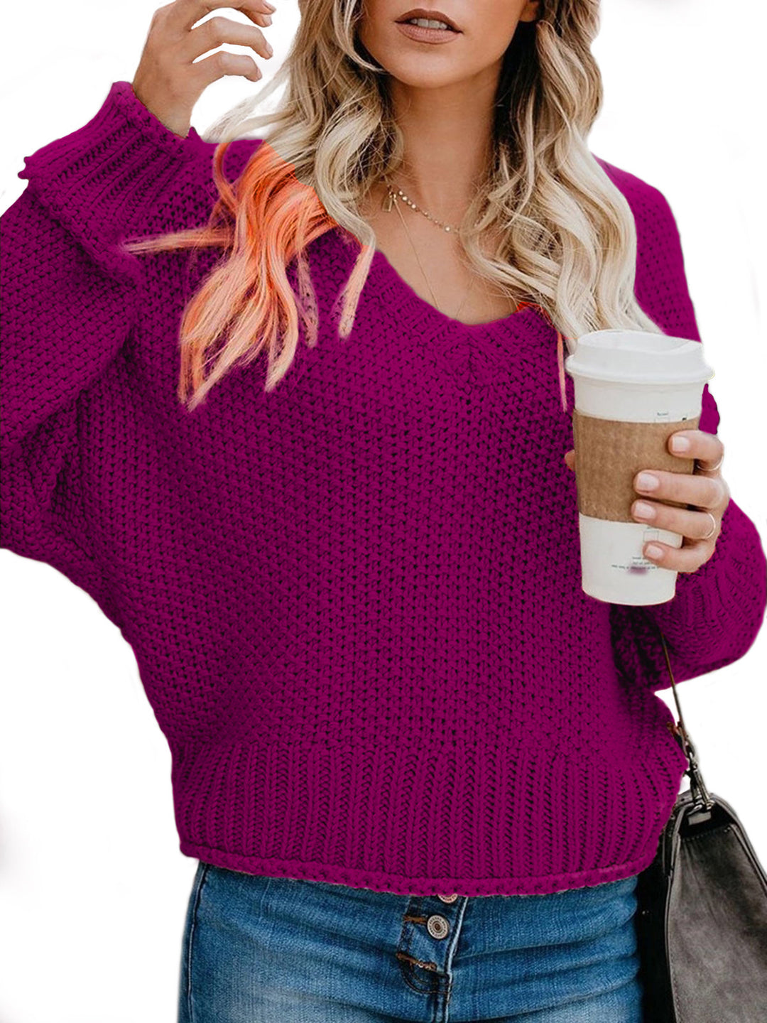 Damen Grobstrickpullover mit V-Ausschnitt und lässiger Passform R&B