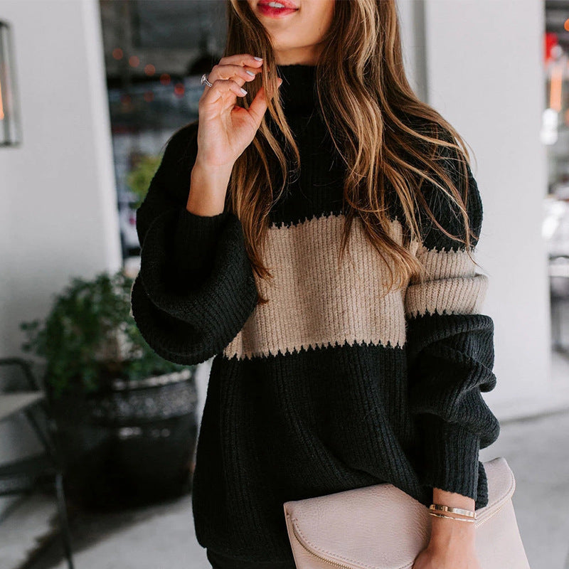 Damen Strickpullover mit farbenfrohem Blockdesign und hohem Kragen R&B