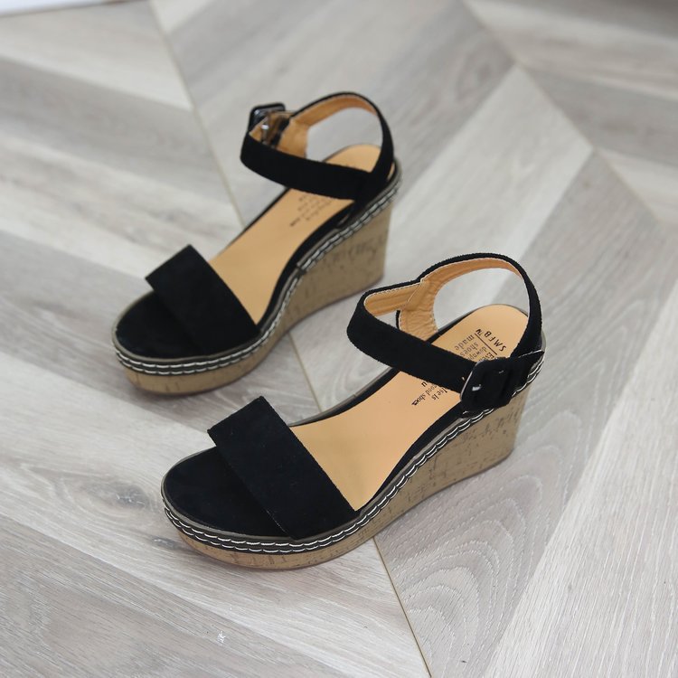 Damen nan Keilabsatzsandalen mit Korkplateau, verstellbarem Schnallenriemen und gekreuzten Wildlederriemen R&B