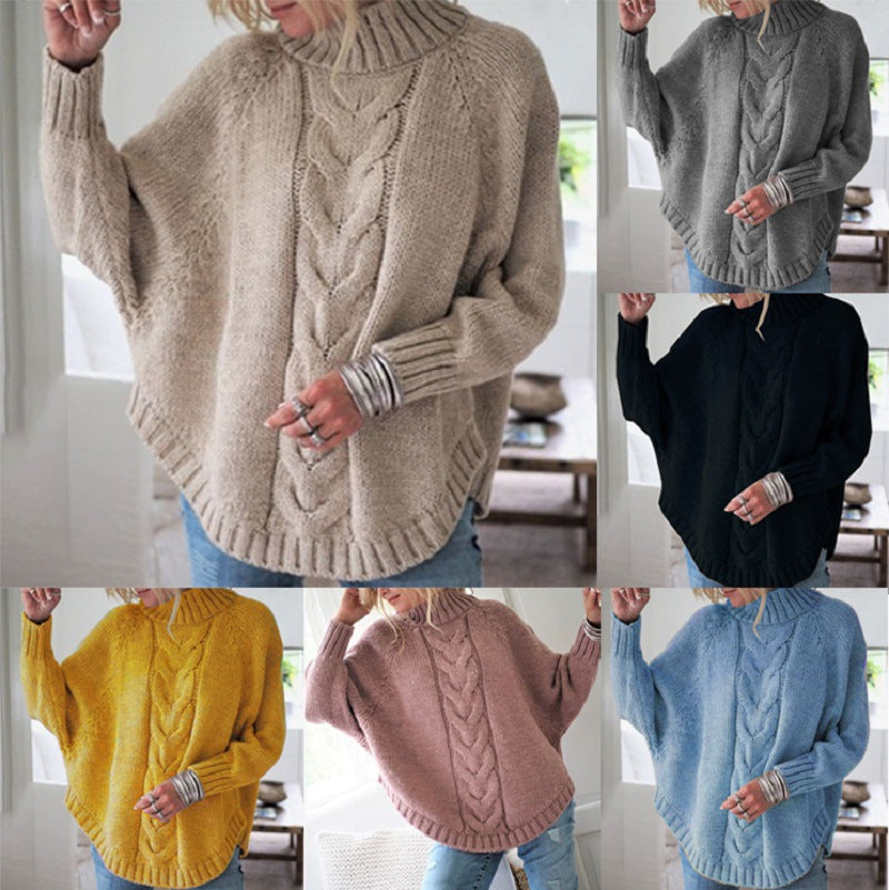 Damen Grobstrick Pullover mit hohem Kragen und dekorativem Zopfmuster R&B