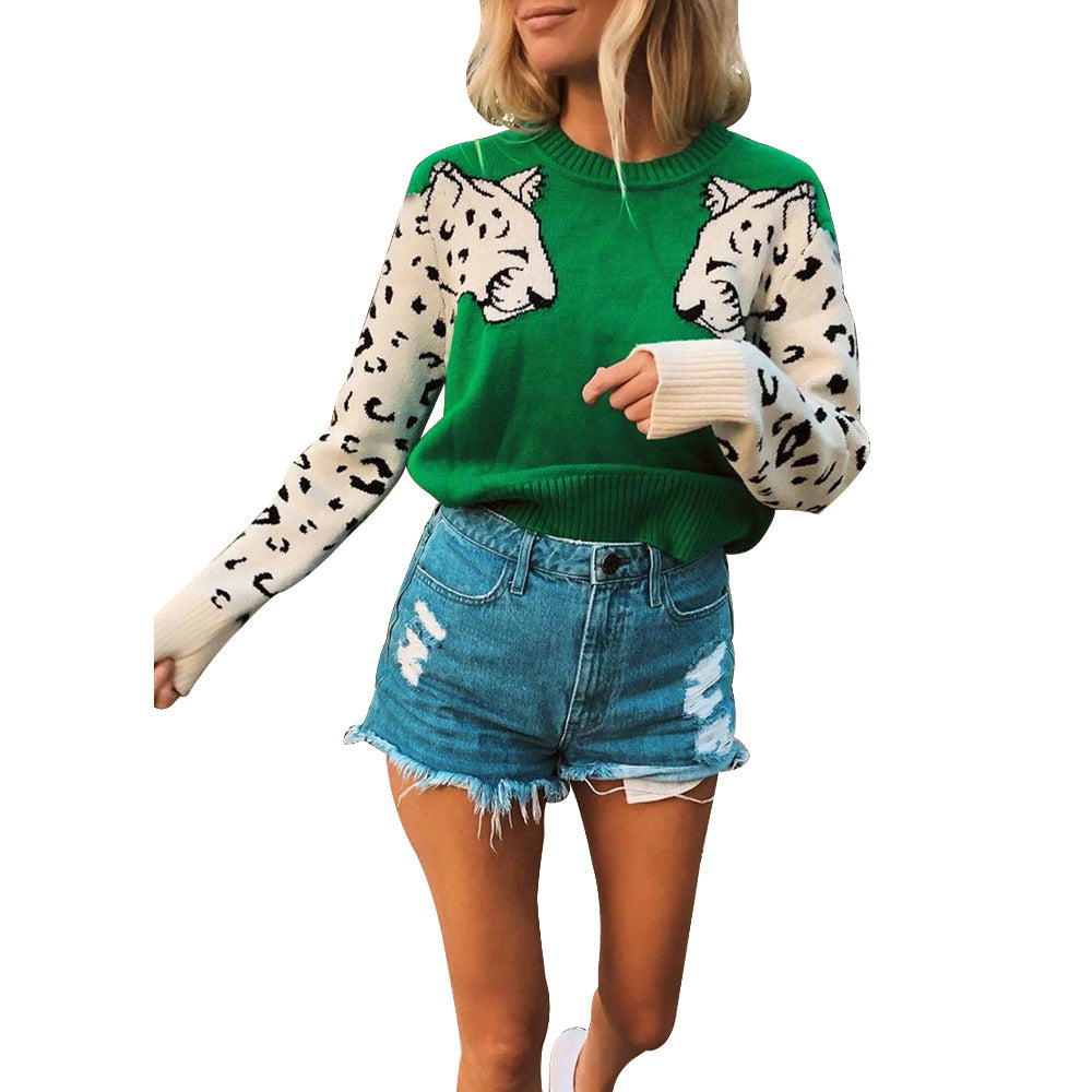 Damen modischer Strickpullover mit tierischem Motiv und farblich abgesetzten Ärmeln R&B