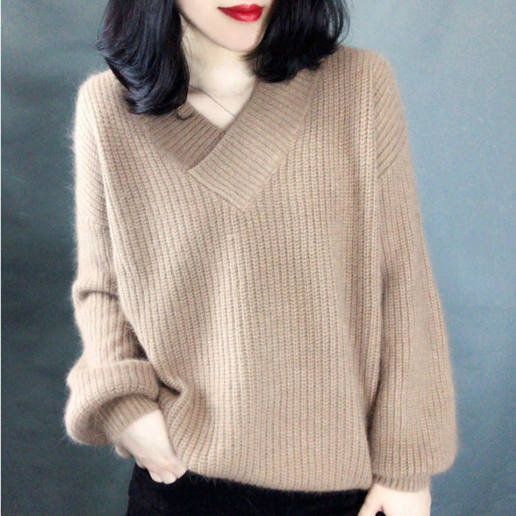 Damen Strickpullover mit V-Ausschnitt und voluminösen Ärmeln R&B