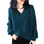 Damen Strickpullover mit V-Ausschnitt und voluminösen Ärmeln R&B