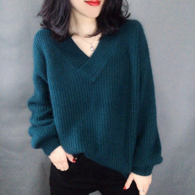 Damen Strickpullover mit V-Ausschnitt und voluminösen Ärmeln R&B