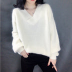 Damen Strickpullover mit V-Ausschnitt und voluminösen Ärmeln R&B