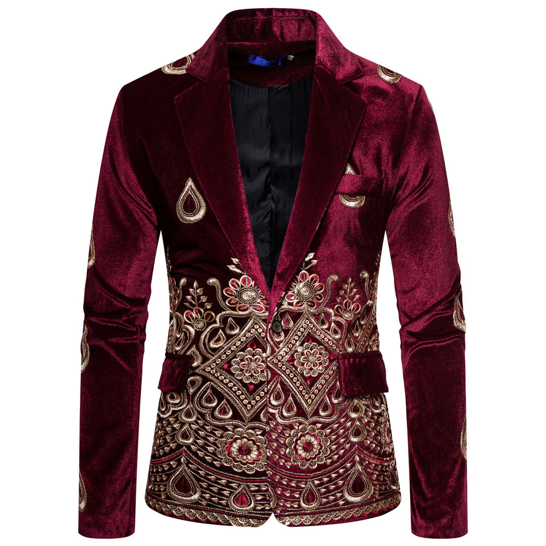 Herren eleganter Samtblazer mit kunstvollem Stickdesign R&B