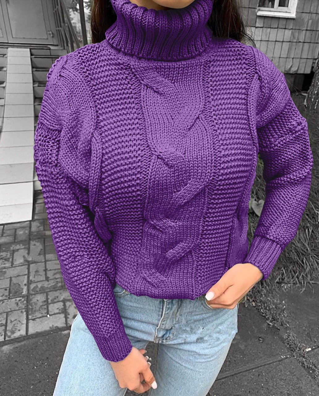 Damen Strickpullover mit Rollkragen und Zopfdesign R&B