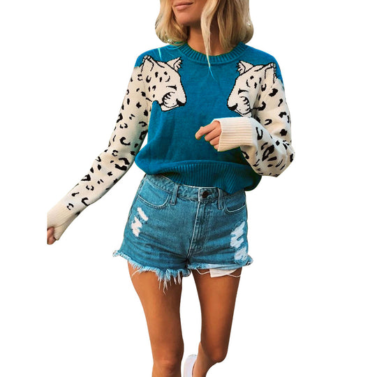 Damen modischer Strickpullover mit tierischem Motiv und farblich abgesetzten Ärmeln R&B