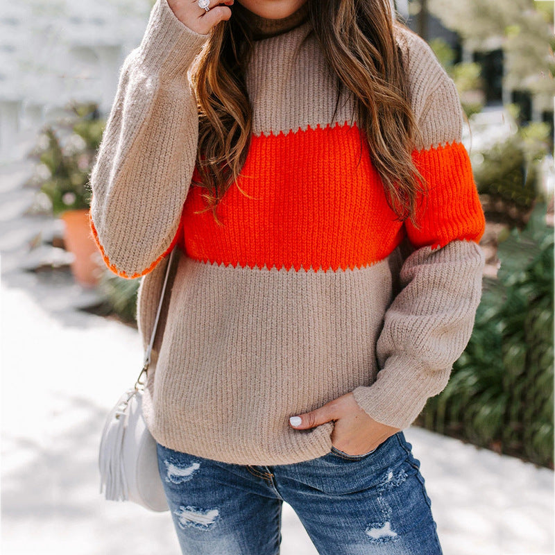 Damen Strickpullover mit farbenfrohem Blockdesign und hohem Kragen R&B