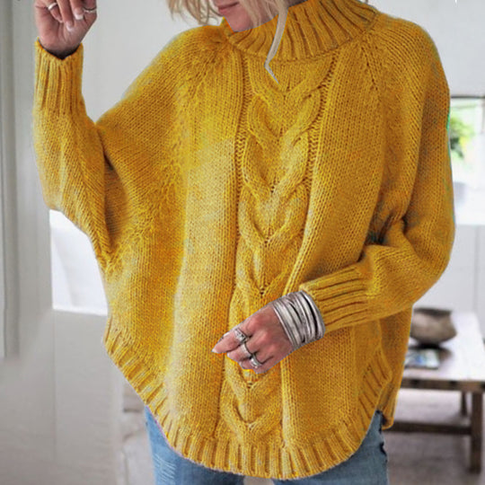 Damen Grobstrick Pullover mit hohem Kragen und dekorativem Zopfmuster R&B