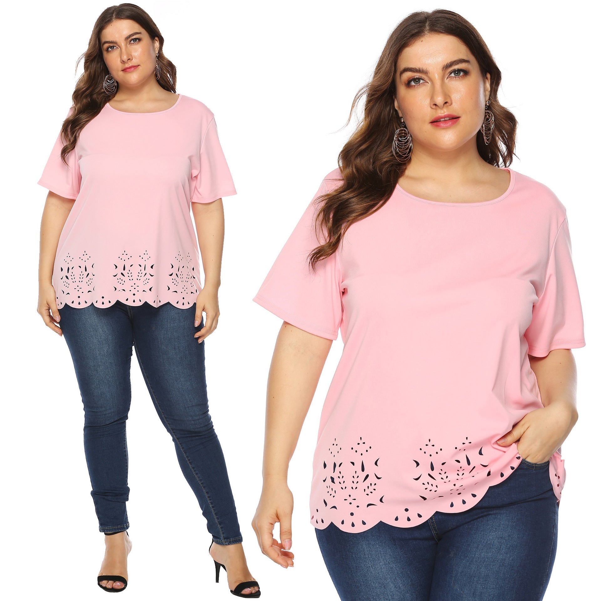 Damen modisches T-Shirt mit filigranem Lochmuster R&B