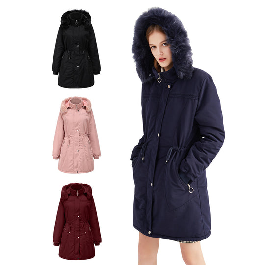 Damen stylische Parka-Jacke mit abnehmbarem Kunstfell und taillierbarem Kordelzug R&B