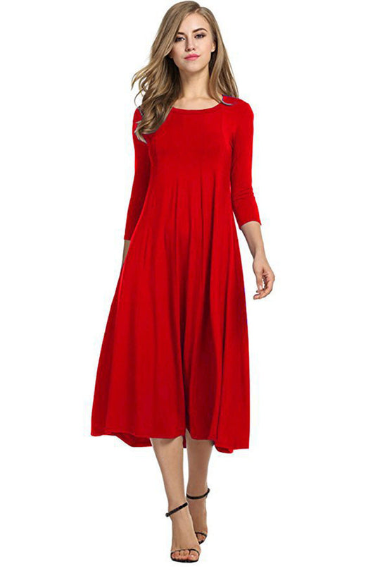 R&B | Quadrat-Ausschnitt 3/4-Lange Uni-Farbe Midi-Kleid
