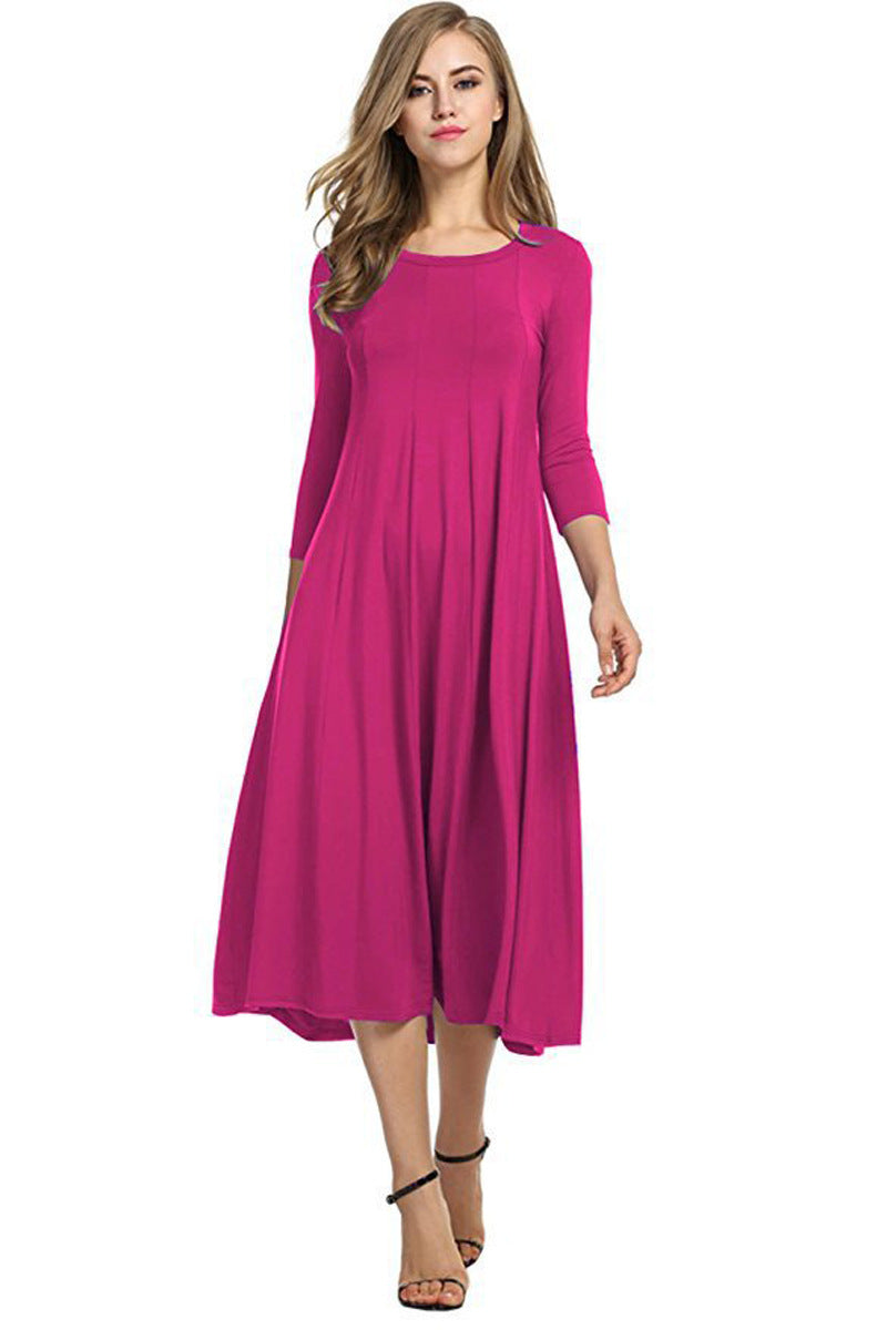 R&B | Quadrat-Ausschnitt 3/4-Lange Uni-Farbe Midi-Kleid