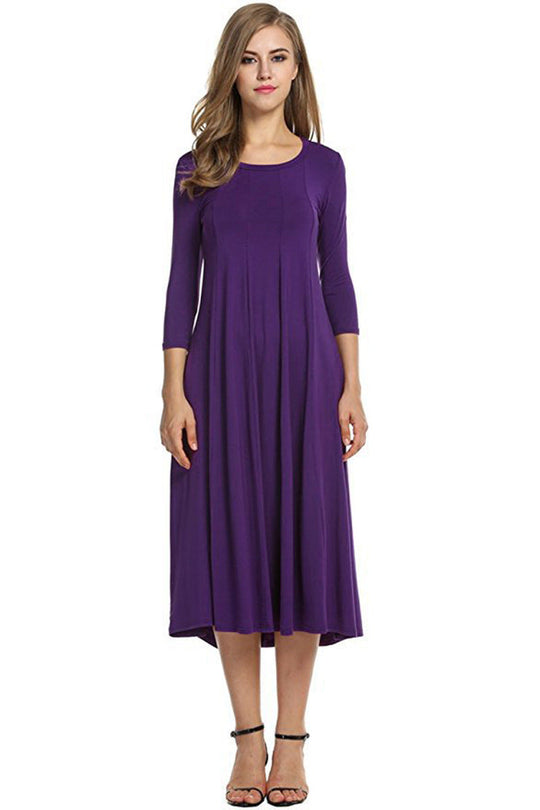 R&B | Quadrat-Ausschnitt 3/4-Lange Uni-Farbe Midi-Kleid