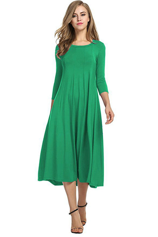 R&B | Quadrat-Ausschnitt 3/4-Lange Uni-Farbe Midi-Kleid