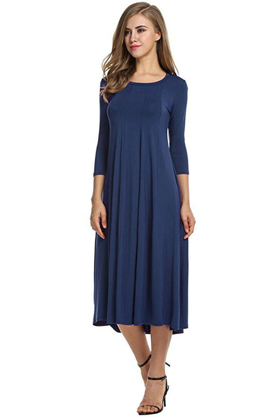 R&B | Quadrat-Ausschnitt 3/4-Lange Uni-Farbe Midi-Kleid