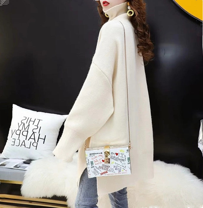 Damen Grobstrick Pullover mit hohem Kragen und lässigem Schnitt R&B