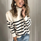 Damen lässiger Pullover mit modernem Stehkragen und dekorativen Knöpfen R&B