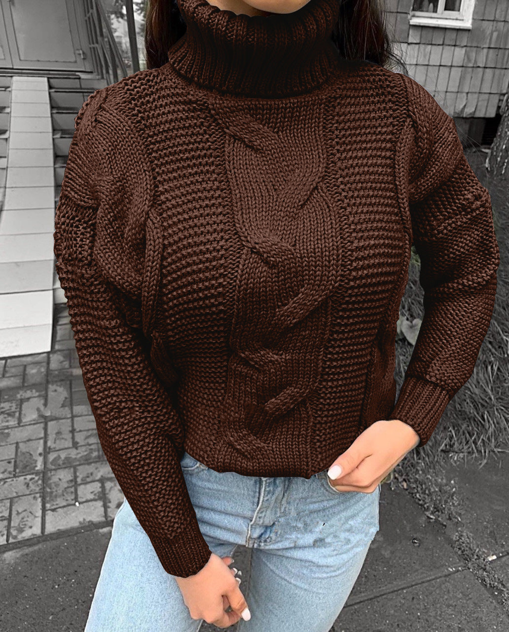 Damen Strickpullover mit Rollkragen und Zopfdesign R&B