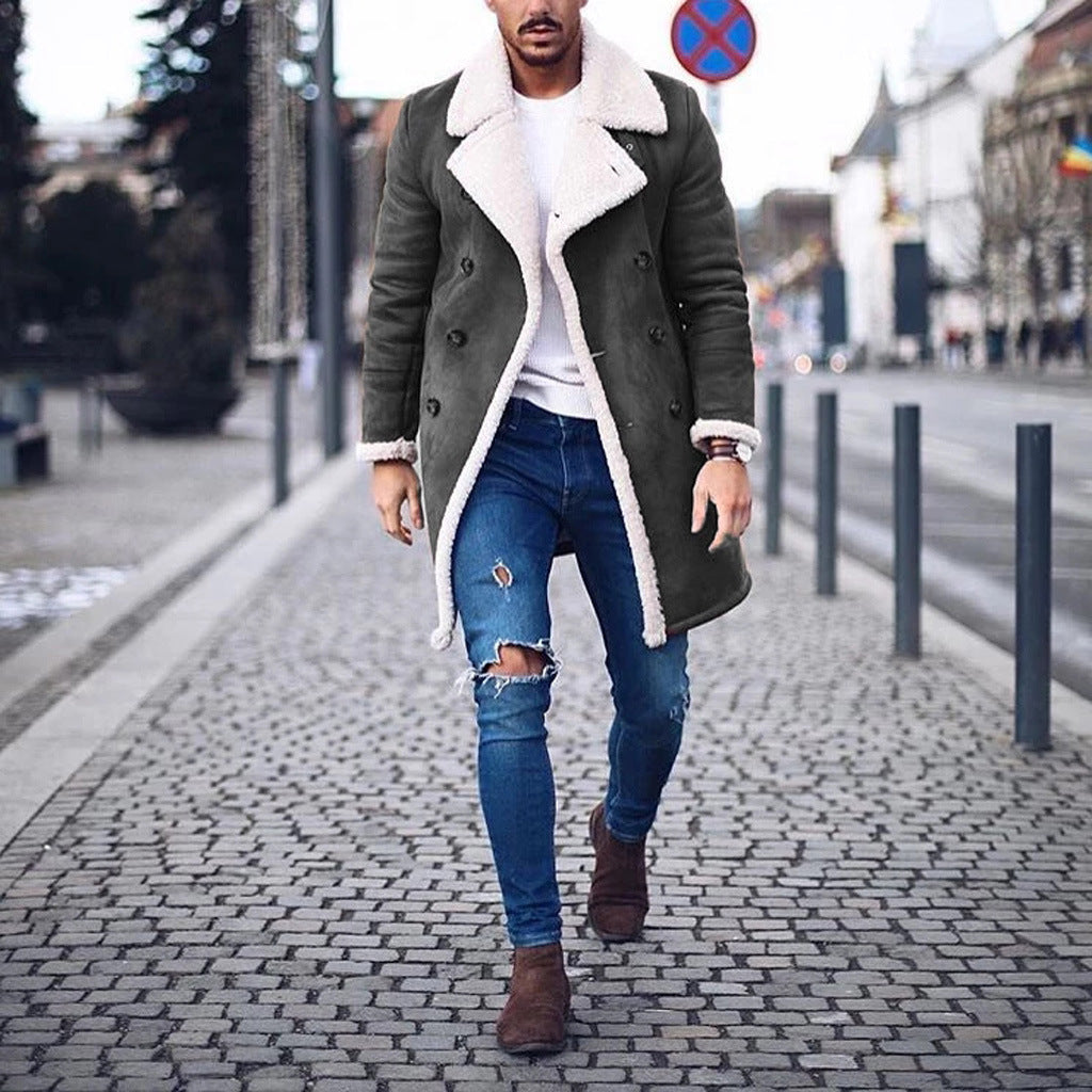 Herren Lammfell-Mantel mit hohem Kragen und eleganter Wollverarbeitung R&B