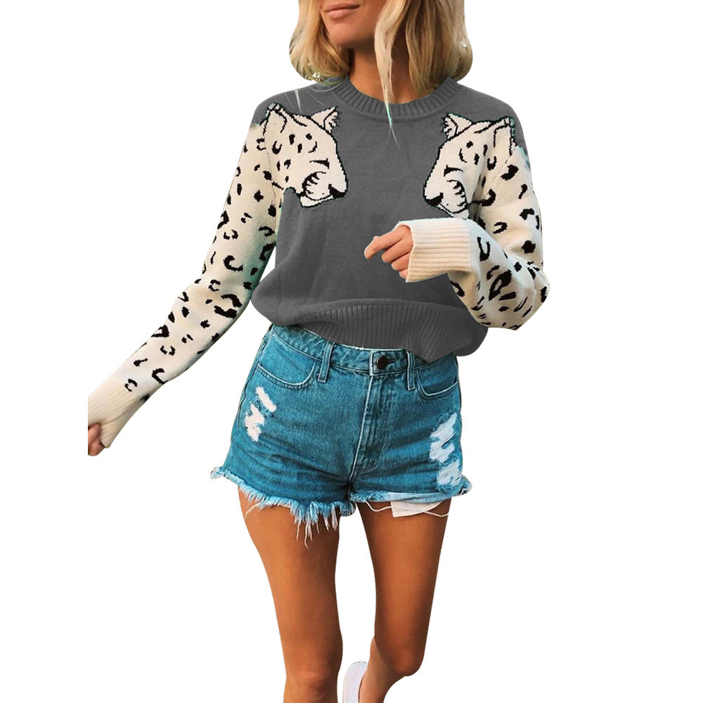 Damen modischer Strickpullover mit tierischem Motiv und farblich abgesetzten Ärmeln R&B