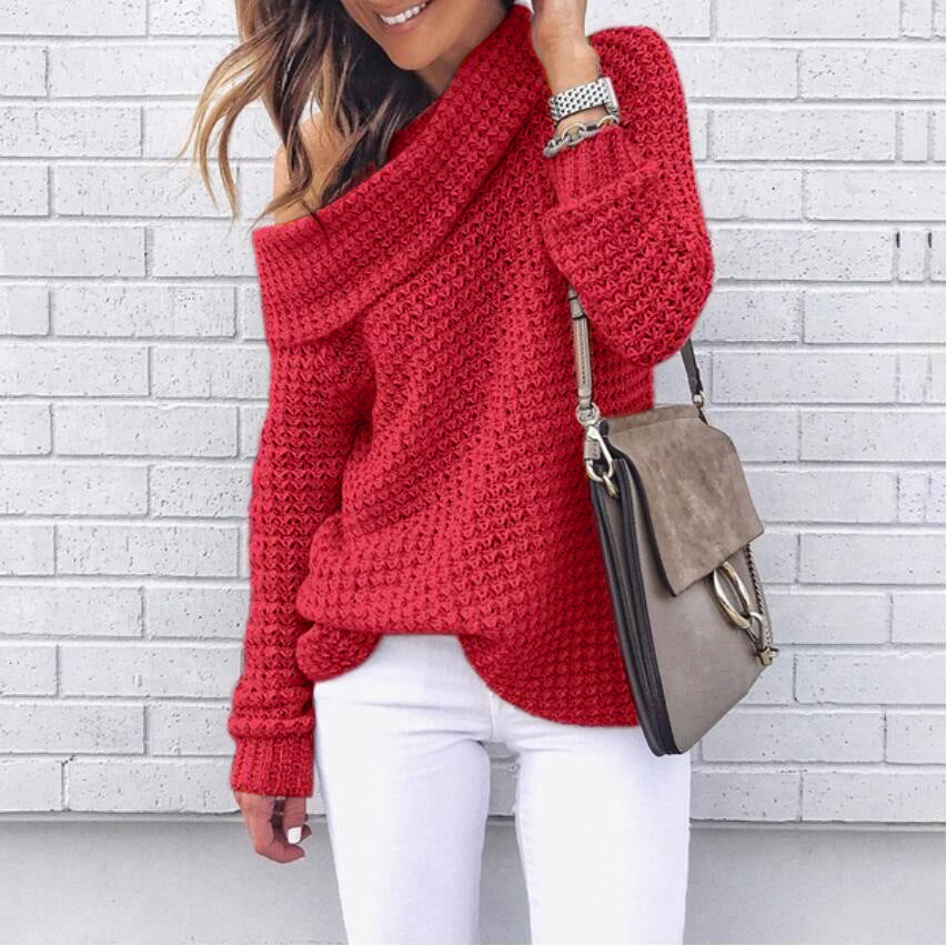 Damen lässiger Pullover mit modischem Schulterdesign und hochgeschlossenem Kragen R&B