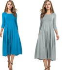 R&B | Quadrat-Ausschnitt 3/4-Lange Uni-Farbe Midi-Kleid