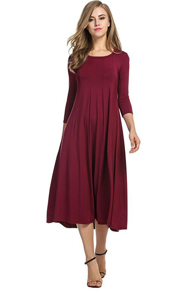 R&B | Quadrat-Ausschnitt 3/4-Lange Uni-Farbe Midi-Kleid