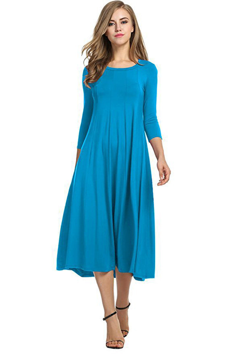 R&B | Quadrat-Ausschnitt 3/4-Lange Uni-Farbe Midi-Kleid