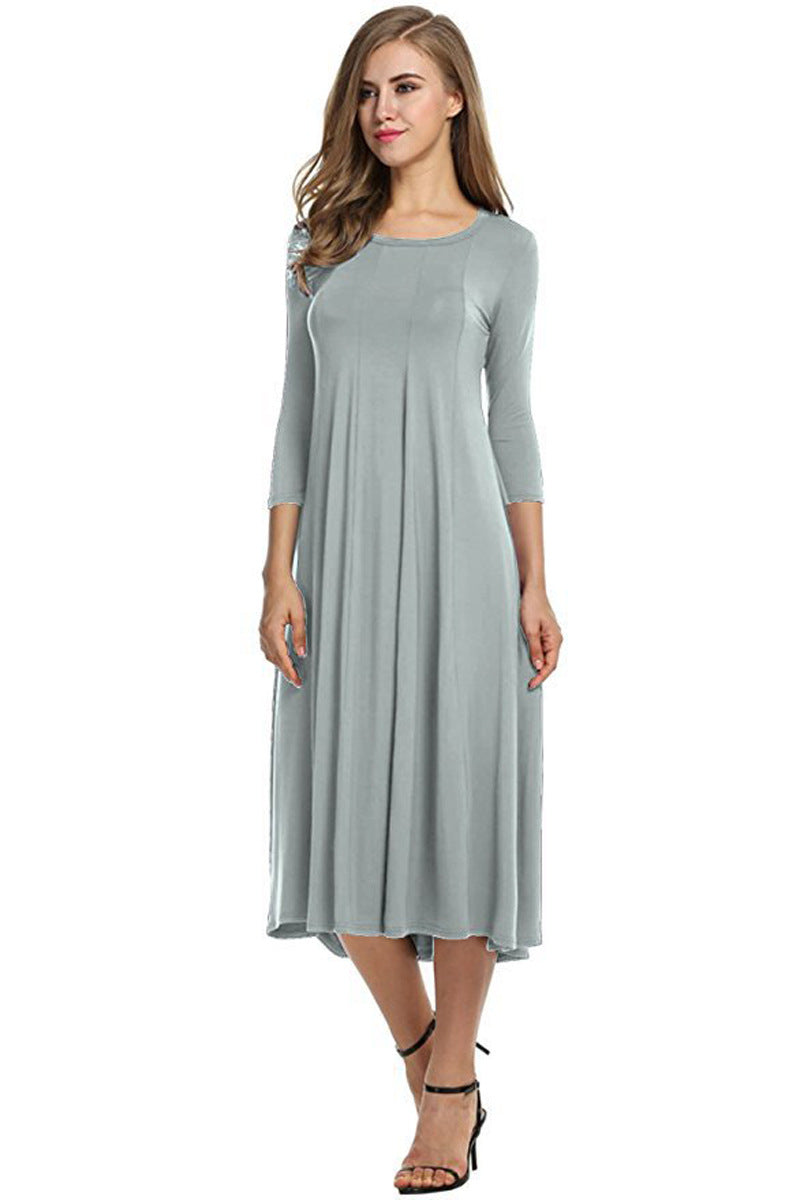 R&B | Quadrat-Ausschnitt 3/4-Lange Uni-Farbe Midi-Kleid