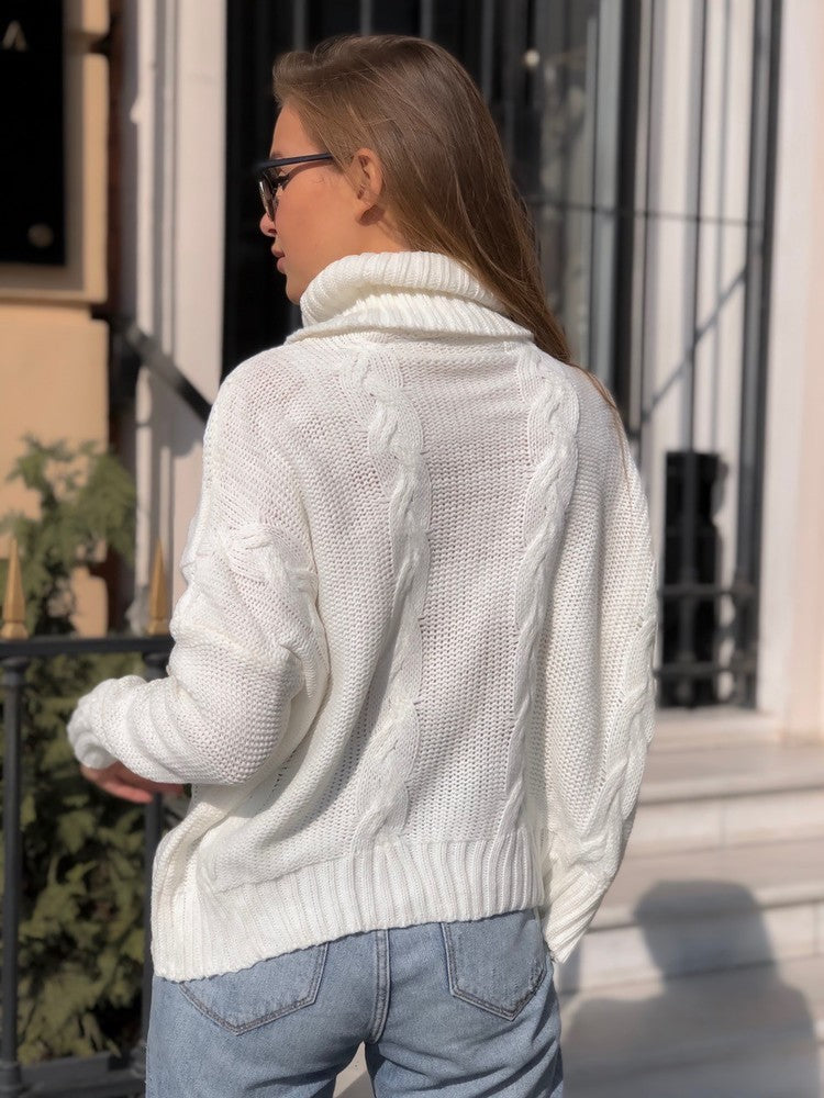 Damen Strickpullover mit hohem Kragen und kreativen Zopfmustern R&B