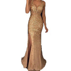 Damen Schimmerndes Abendkleid mit tiefem V-Ausschnitt und seitlichem Schlitz R&B