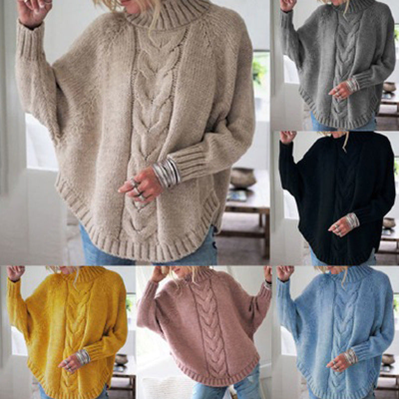 Damen Grobstrickpullover mit hohem Kragen und Zopf-Design