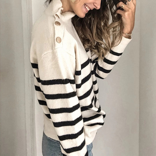 Damen lässiger Pullover mit modernem Stehkragen und dekorativen Knöpfen R&B
