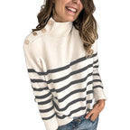 Damen lässiger Pullover mit modernem Stehkragen und dekorativen Knöpfen R&B