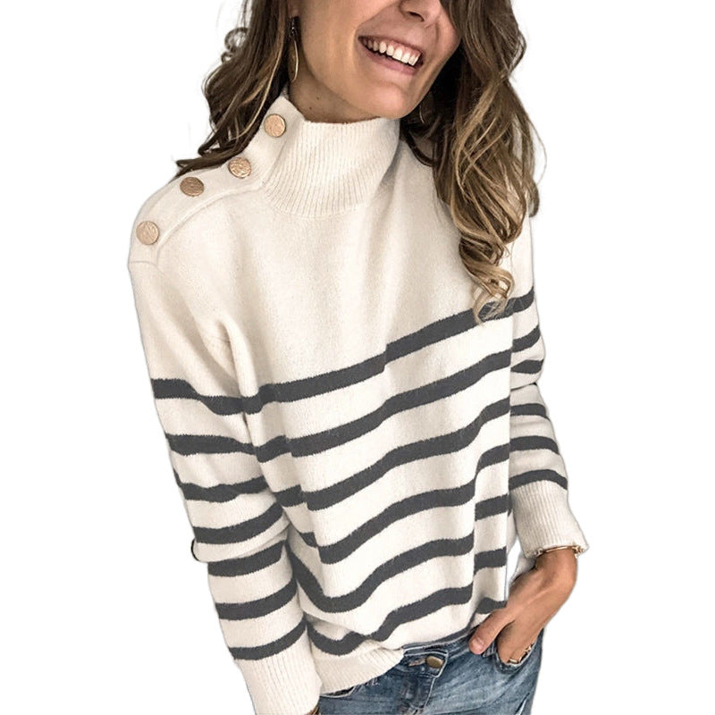 Damen lässiger Pullover mit modernem Stehkragen und dekorativen Knöpfen R&B