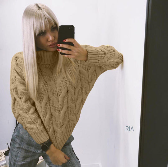 Damen Grober Strickpullover mit hohem Kragen R&B