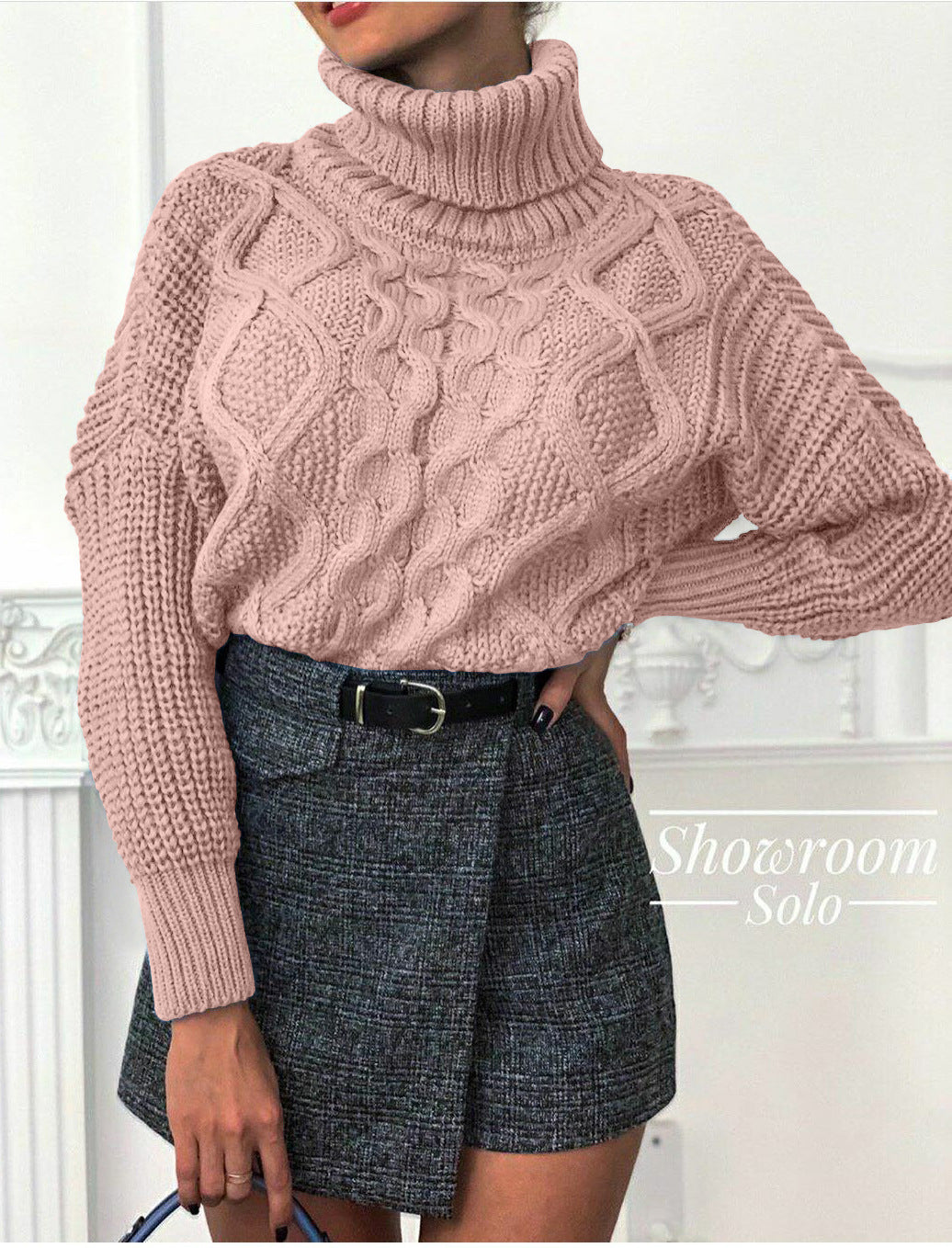 Damen Grobstrickpullover mit hohem Kragen und strukturiertem Zopfdesign R&B