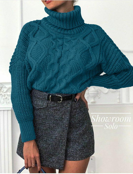 Damen Grobstrickpullover mit hohem Kragen und strukturiertem Zopfdesign R&B