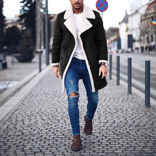Herren Lammfell-Mantel mit hohem Kragen und eleganter Wollverarbeitung R&B