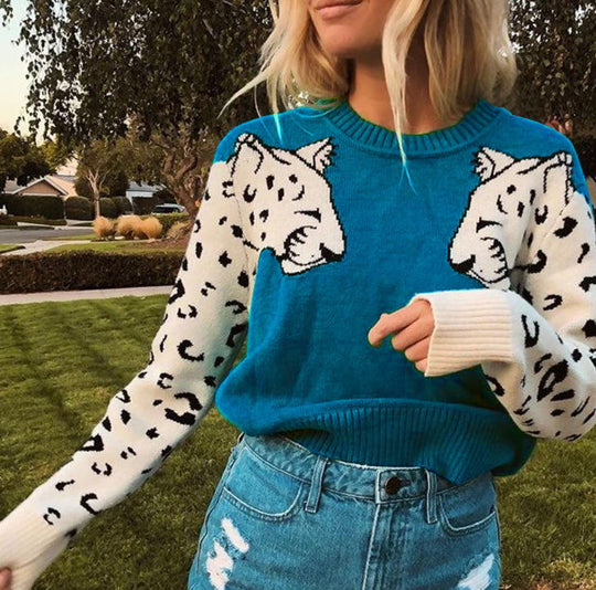 Damen Kuscheliger Pullover mit lebhaftem Tiermotiv und kontrastierenden Ärmeln R&B